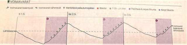 Firstbeat-voimavarakäyrä, jossa voimavata lisääntyvät lähtötasosta